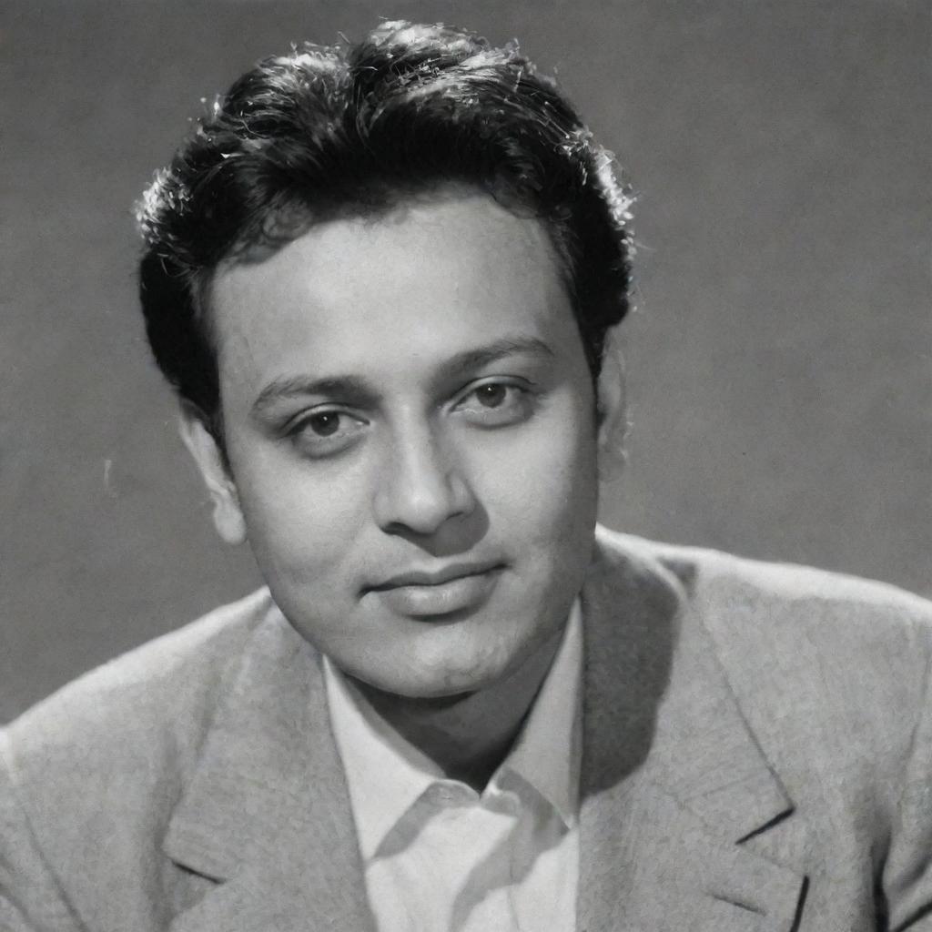 A youthful portrait of Indian actor Uttam Kumar during his early career days. He is charismatic, dressed in the style of the times, and his face reflects the authenticity and candor that characterized his performances.