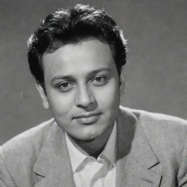 A youthful portrait of Indian actor Uttam Kumar during his early career days. He is charismatic, dressed in the style of the times, and his face reflects the authenticity and candor that characterized his performances.