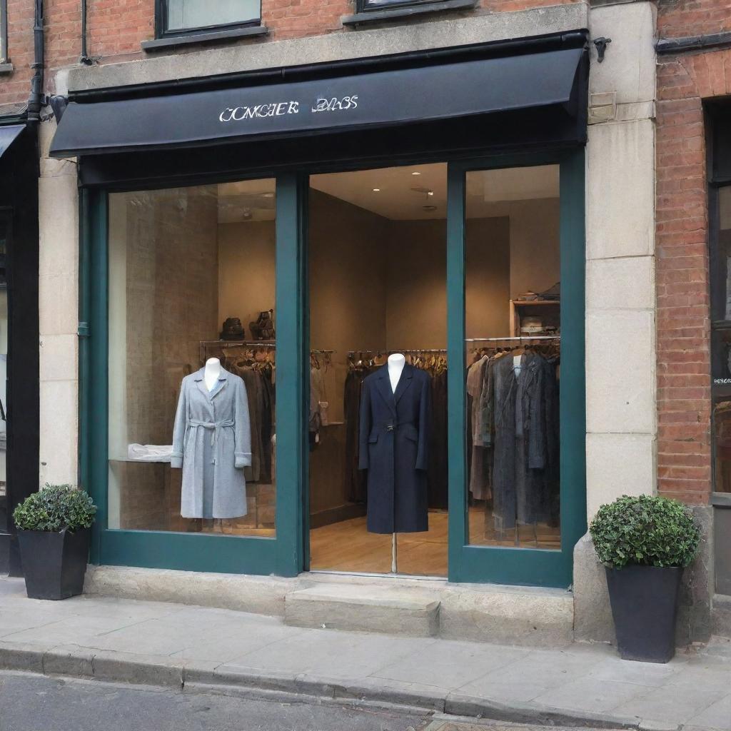 A chic, stylish boutique numbered 91 on a bustling urban street with fashionable clothing displayed in its eclectic glass window.