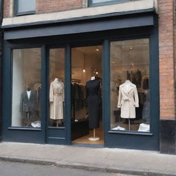 A chic, stylish boutique numbered 91 on a bustling urban street with fashionable clothing displayed in its eclectic glass window.