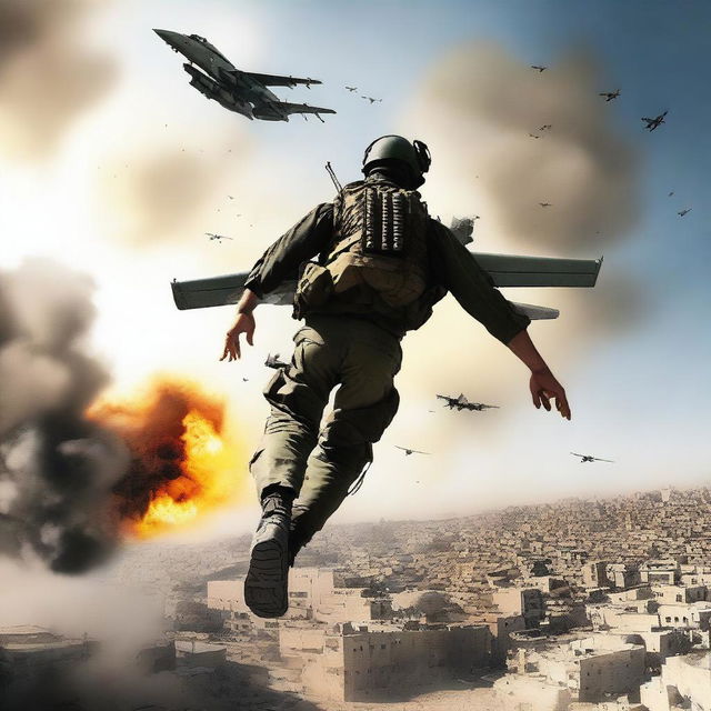 A striking digital art image depicting an Israeli soldier piloting a fighter jet, releasing a grenade bomb into the sky above the city of Gaza