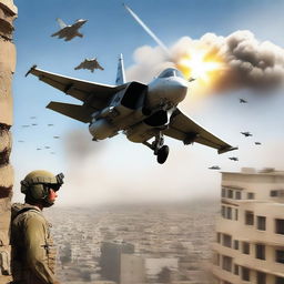 A striking digital art image depicting an Israeli soldier piloting a fighter jet, releasing a grenade bomb into the sky above the city of Gaza