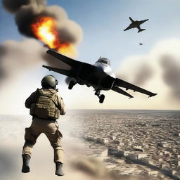 A striking digital art image depicting an Israeli soldier piloting a fighter jet, releasing a grenade bomb into the sky above the city of Gaza