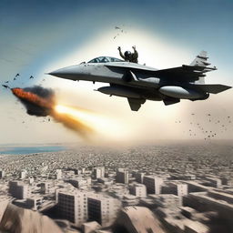 A striking digital art image depicting an Israeli soldier piloting a fighter jet, releasing a grenade bomb into the sky above the city of Gaza