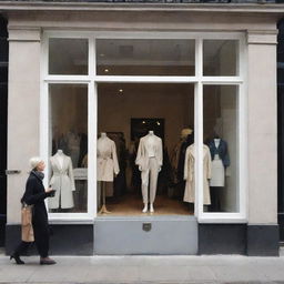 A chic, stylish boutique numbered 91 on a bustling urban street with fashionable clothing displayed in its eclectic glass window.