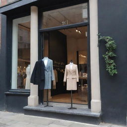 A chic, stylish boutique numbered 91 on a bustling urban street with fashionable clothing displayed in its eclectic glass window.