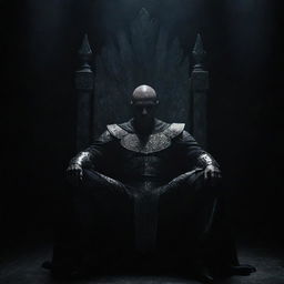 A powerful, mysterious warrior, identity unknown, seated on a throne against a dark background exuding an aura of dominance