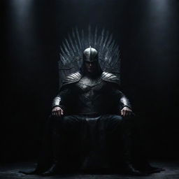 A powerful, mysterious warrior, identity unknown, seated on a throne against a dark background exuding an aura of dominance