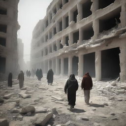 A poignant digital art image portraying civilians trapped among the rubble of buildings in the city of Gaza