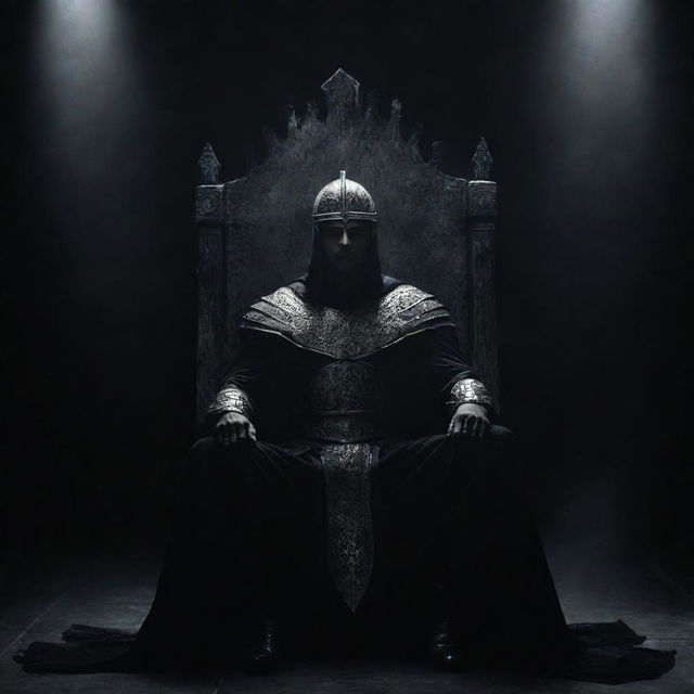 A powerful, mysterious warrior, identity unknown, seated on a throne against a dark background exuding an aura of dominance