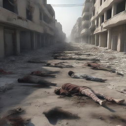 A poignant digital art image depicting the aftermath of a conflict in Gaza, showing the lifeless bodies of civilian casualties scattered across the city