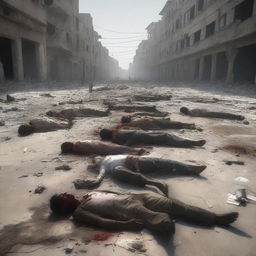 A poignant digital art image depicting the aftermath of a conflict in Gaza, showing the lifeless bodies of civilian casualties scattered across the city