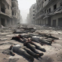 A poignant digital art image depicting the aftermath of a conflict in Gaza, showing the lifeless bodies of civilian casualties scattered across the city