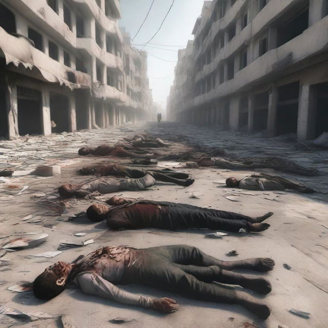 A poignant digital art image depicting the aftermath of a conflict in Gaza, showing the lifeless bodies of civilian casualties scattered across the city