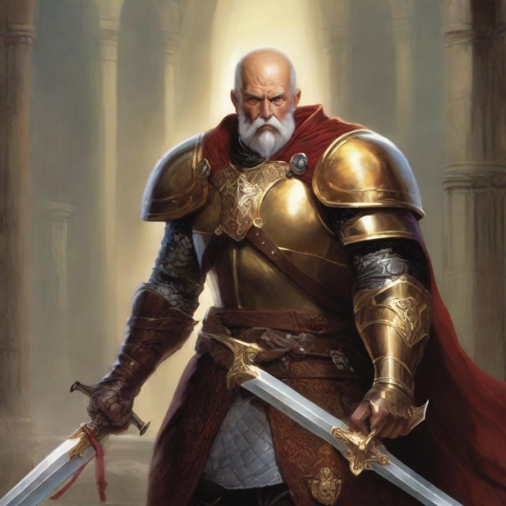 A high-quality image in the style of Dungeons and Dragons art, featuring an old military captain clad in detailed armor, brandishing a golden sword