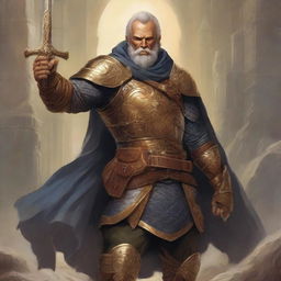 A high-quality image in the style of Dungeons and Dragons art, featuring an old military captain clad in detailed armor, brandishing a golden sword