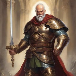 A high-quality image in the style of Dungeons and Dragons art, featuring an old military captain clad in detailed armor, brandishing a golden sword