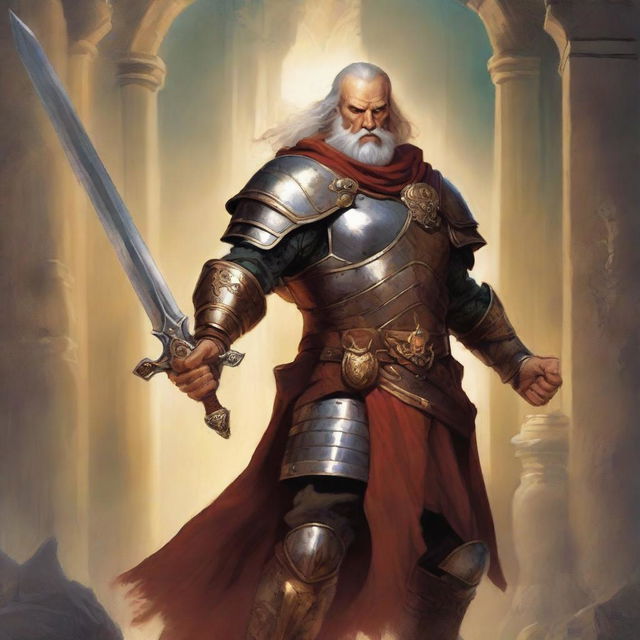 A high-quality image in the style of Dungeons and Dragons art, featuring an old military captain clad in detailed armor, brandishing a golden sword