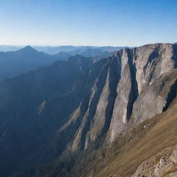 A massive wall stretching across numerous towering mountains under a clear sky.