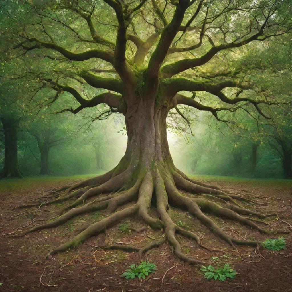 A magical tree with sparkling green leaves and roots winding into the ground like golden ropes, encapsulating the beauty and wonder of nature.