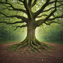 A magical tree with sparkling green leaves and roots winding into the ground like golden ropes, encapsulating the beauty and wonder of nature.