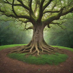 A magical tree with sparkling green leaves and roots winding into the ground like golden ropes, encapsulating the beauty and wonder of nature.