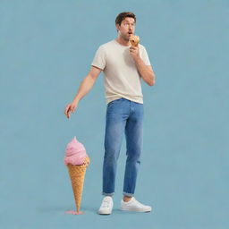 Illustration of a man in casual clothing, looking disappointed as his ice cream drops on the ground.