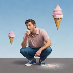 Illustration of a man in casual clothing, looking disappointed as his ice cream drops on the ground.