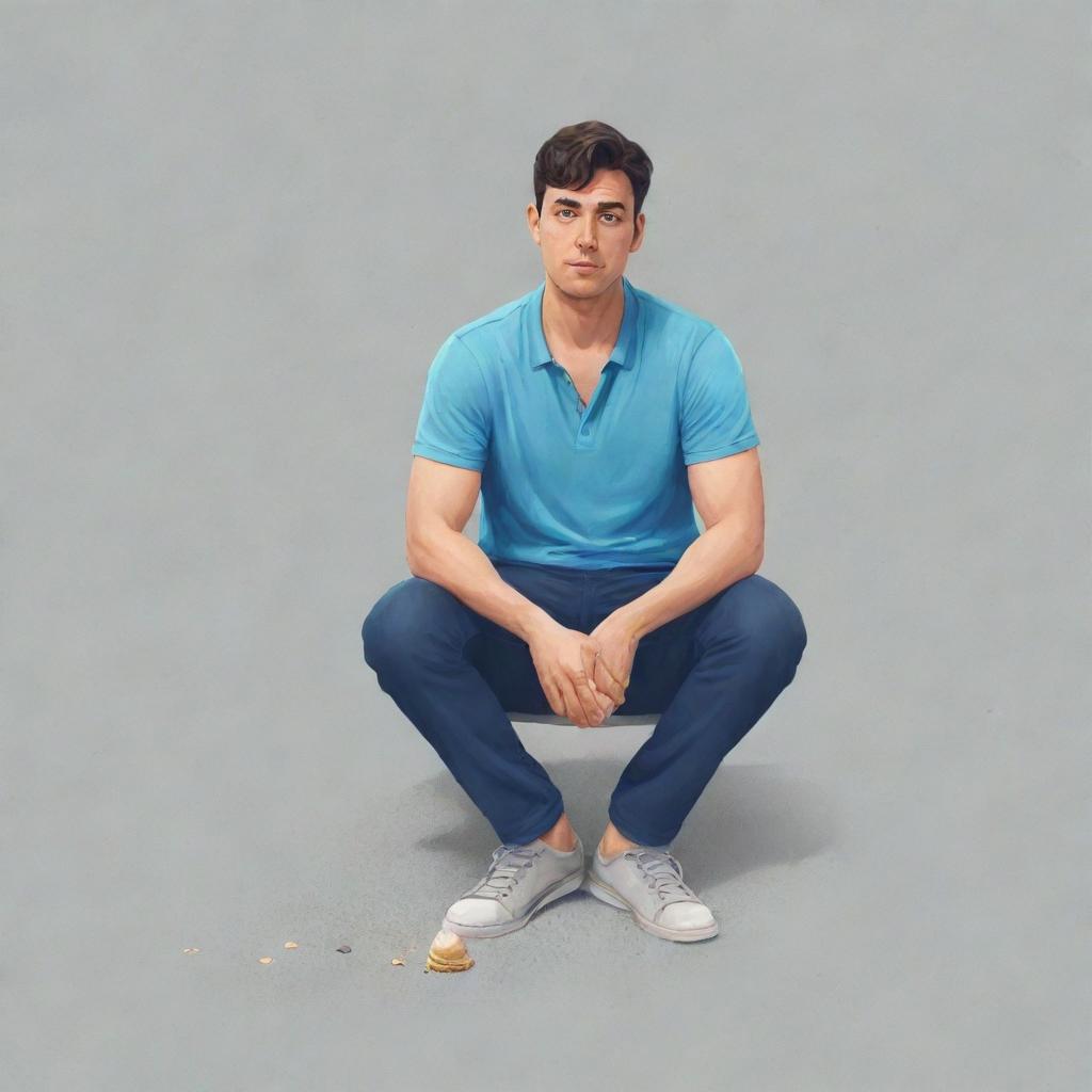 Illustration of a man in casual clothing, looking disappointed as his ice cream drops on the ground.