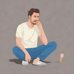 Illustration of a man in casual clothing, looking disappointed as his ice cream drops on the ground.