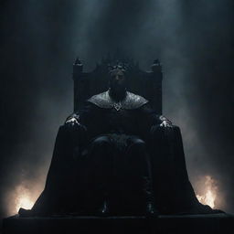 A dark king seated majestically on his throne, surrounded by an atmosphere of power and dominance against a shadowy backdrop