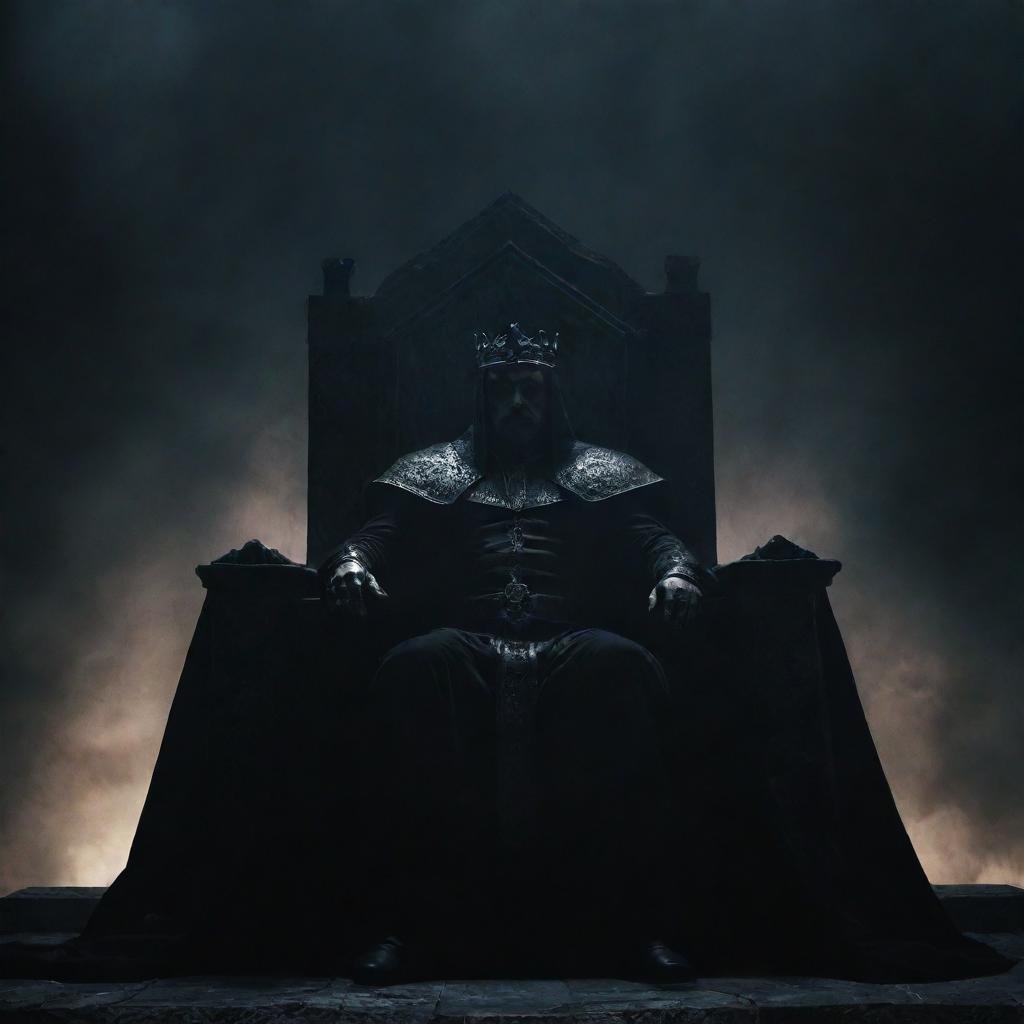 A dark king seated majestically on his throne, surrounded by an atmosphere of power and dominance against a shadowy backdrop