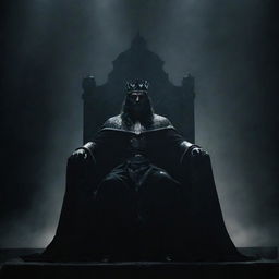 A dark king seated majestically on his throne, surrounded by an atmosphere of power and dominance against a shadowy backdrop