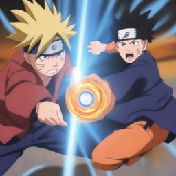 A high-quality digital art image featuring Uzumaki Naruto attacking Sasuke with a mountain-sized Rasengan