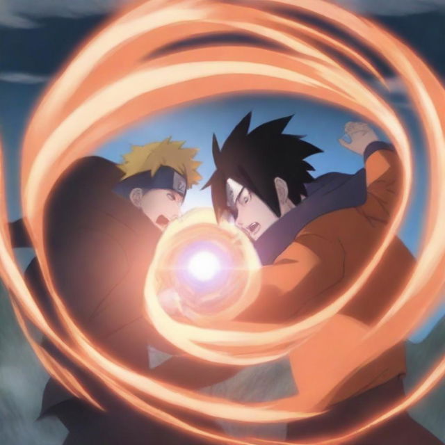 A high-quality digital art image featuring Uzumaki Naruto attacking Sasuke with a mountain-sized Rasengan