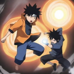 A high-quality digital art image featuring Uzumaki Naruto attacking Sasuke with a mountain-sized Rasengan