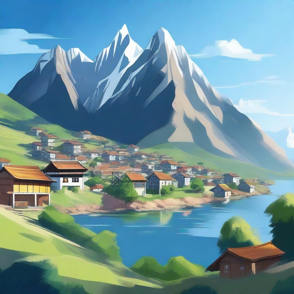 A digital art image depicting a serene village nestled on the peak of a majestic mountain