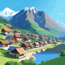 A digital art image depicting a serene village nestled on the peak of a majestic mountain