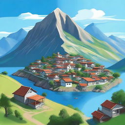 A digital art image depicting a serene village nestled on the peak of a majestic mountain
