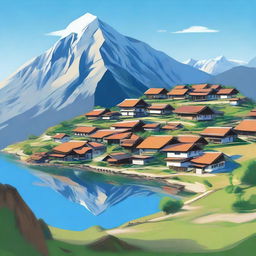 A digital art image depicting a serene village nestled on the peak of a majestic mountain