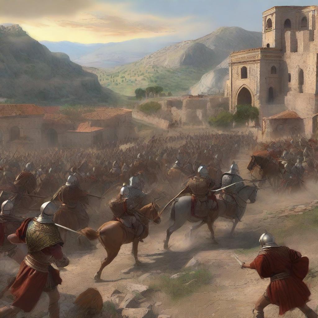 A high-quality digital art image now depicts a sudden clash between Roman and Persian armies on the outskirts of the previously serene mountain village