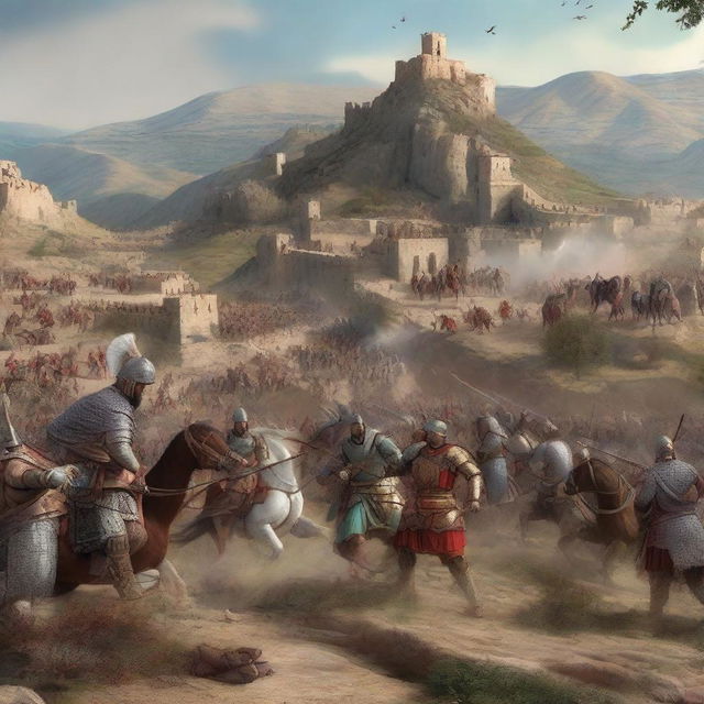 A high-quality digital art image now depicts a sudden clash between Roman and Persian armies on the outskirts of the previously serene mountain village