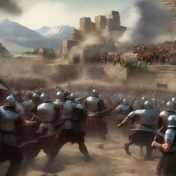 A high-quality digital art image now depicts a sudden clash between Roman and Persian armies on the outskirts of the previously serene mountain village