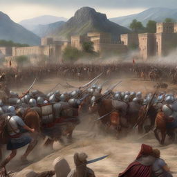 A high-quality digital art image now depicts a sudden clash between Roman and Persian armies on the outskirts of the previously serene mountain village