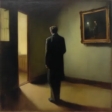 The artist captured the ambiance of a dimly lit room with a lone figure solemnly taking a drag from a cigarette in their oil painting.