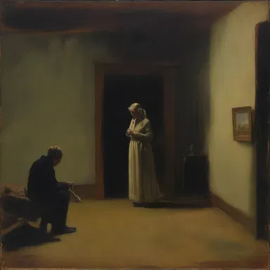 The artist captured the ambiance of a dimly lit room with a lone figure solemnly taking a drag from a cigarette in their oil painting.