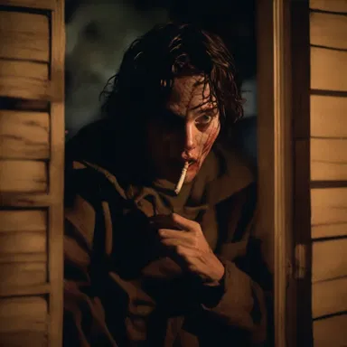 The horror movie intensifies the suspense as the protagonist takes a slow drag from a cigarette while investigating a haunted house.