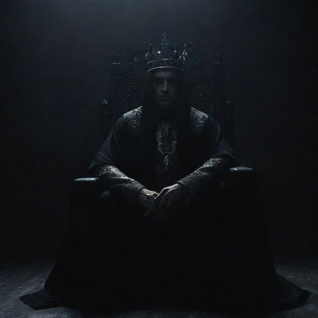 An enigmatic dark king sits majestically on his throne, his identity shrouded in mystery, surrounded by the drama of a shadowy backdrop