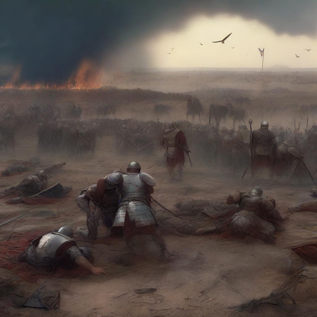 The digital art image now portrays a somber scene following the battle, with the Roman forces tragically defeated