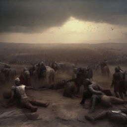 The digital art image now portrays a somber scene following the battle, with the Roman forces tragically defeated